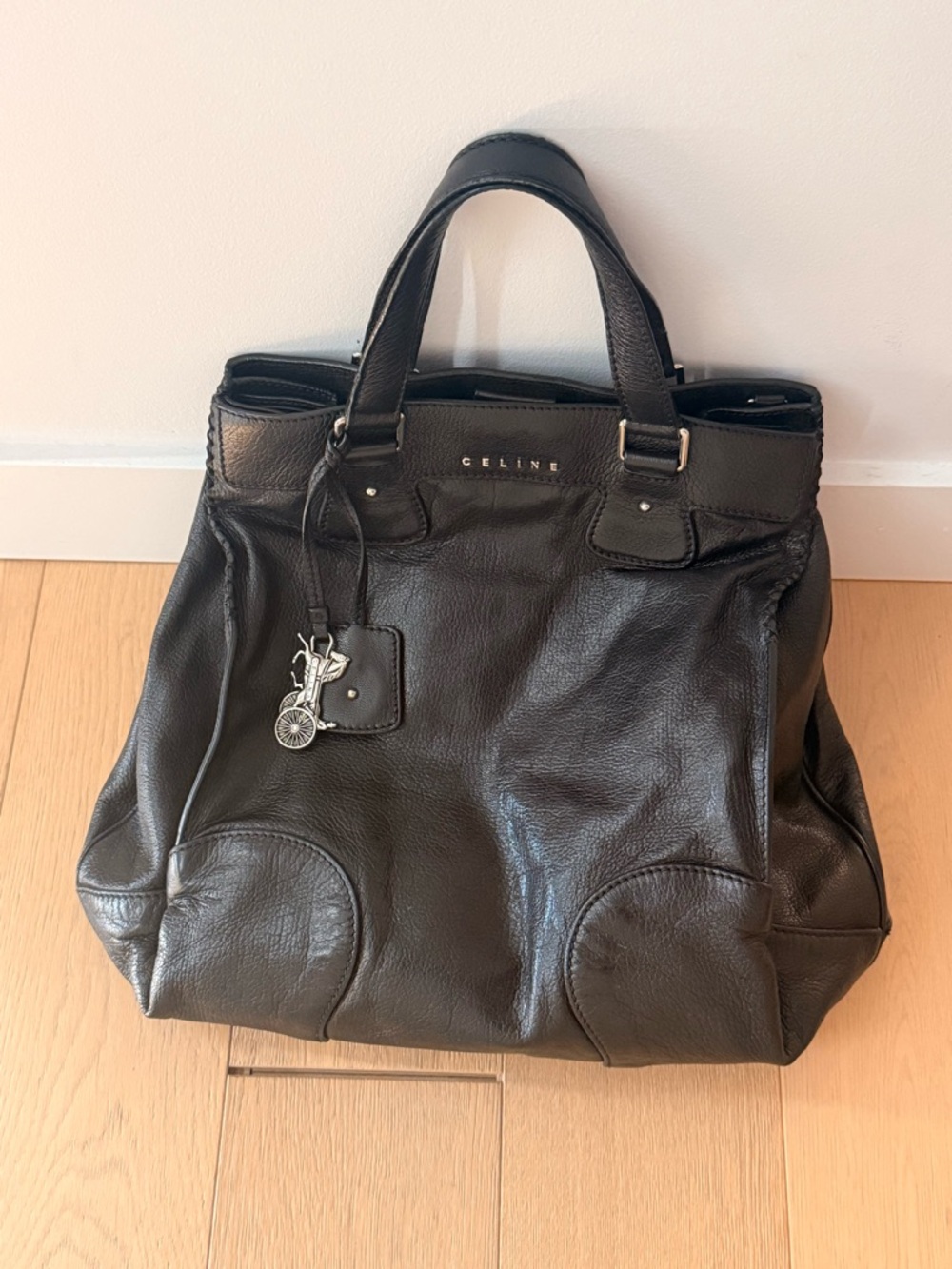 Celine Black Leather Tote with Charm Detail